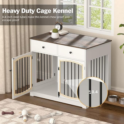 Kucreiheat 40 Inch Furniture-Style Dog Crate-Multipurpose Wood Pet Crate Furniture with Double Doors,2 Drawers, Decorative Dog House Indoor for Smal/Medium Dogs, White Finish