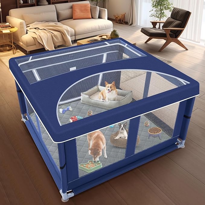 XVISHX 42x42 Inches Puppy Playpen with Cover&Dog Pads, Dog Playpen for Puppies or Small Dogs, Pet Playpen for Indoor & Outdoor, Sturdy Safety Dog Pen with Thickened Fabric