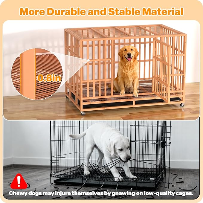Hiwokk 48 Inch Heavy Duty Dog Crate, Indestructible Escape-Proof Dog Kennel for High Anxiety Large Dogs, Strong Metal Pet Cage with Double Doors, Lockable Wheels & Removable Tray, XL XXL XXXL
