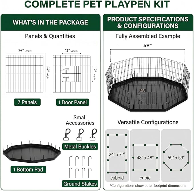 PJYuCien Dog Playpen with Bottom Pad - Metal Foldable Exercise Pen, 8 Panels 24" H x 24" W Indoor Outdoor Pet Fence Puppy Crate Kennel, Black