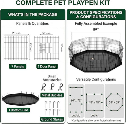 PJYuCien Dog Playpen with Bottom Pad - Metal Foldable Exercise Pen, 8 Panels 24" H x 24" W Indoor Outdoor Pet Fence Puppy Crate Kennel, Black