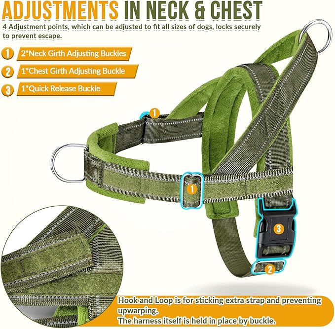 SlowTon No Pull Dog Harness - Heavy Duty Dog Harness and Leash Set for Medium Large Dogs, Reflective Tactical Harness with Soft Padded and Front Clip for Easy Walk and Training (GR, L)