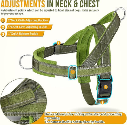 SlowTon No Pull Dog Harness - Heavy Duty Dog Harness and Leash Set for Medium Large Dogs, Reflective Tactical Harness with Soft Padded and Front Clip for Easy Walk and Training (GR, M)