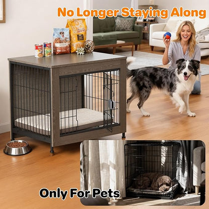 Dog Crate Furniture, Wooden Dog Crate 27in, Decorative Cage with End Table for Dog Indoor Kennel, High Anxiety Dog, Escape-Proof Locks for All Breeds