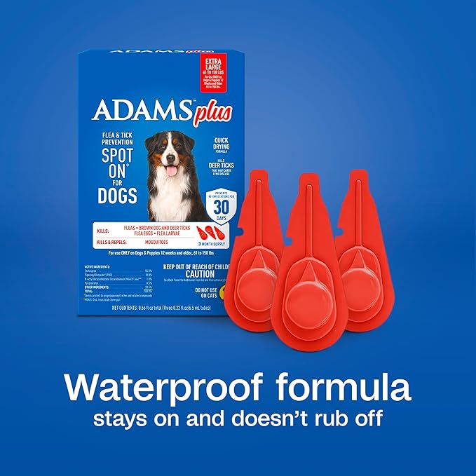 ADAMS Plus Flea & Tick Prevention Spot On for Dogs, Extra Large Dogs, Kills Fleas & Ticks (Brown Dog/Deer Ticks), Kills and Repels Mosquitoes, Prevents Flea Infestations, 3-Month Supply, 3 Pack