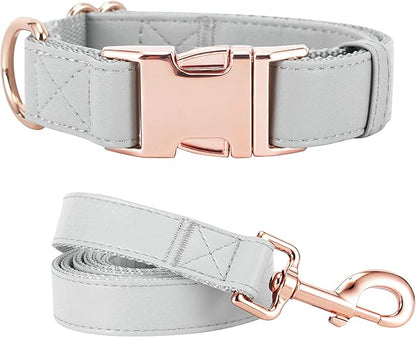 Dog Collar and Leash Set.Soft and Easy to Clean Vegan Leather with Rose Gold Metal Buckle for Small Medium Large Dogs (Grey, M(13.8"-19.7"))