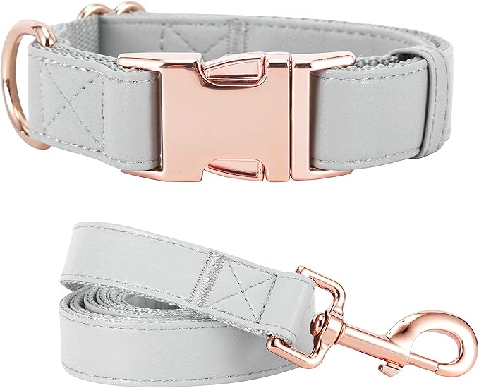 Dog Collar and Leash Set.Soft and Easy to Clean Vegan Leather with Rose Gold Metal Buckle for Small Medium Large Dogs (Grey, L(15.4”-24.8“)