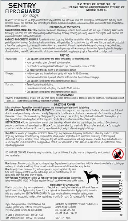 Sentry Fiproguard for Dogs, Flea and Tick Prevention for Dogs (89-132 Pounds), Includes 6 Month Supply of Topical Flea Treatments