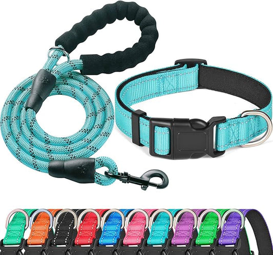 Ladoogo Reflective Dog Collar Padded with Soft Neoprene Breathable Adjustable Nylon Dog Collars for Small Medium Large Dogs (X-Small (Pack of 1), Blue Collar+Leash)