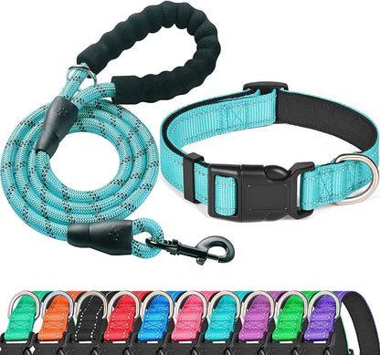 Ladoogo Reflective Dog Collar Padded with Soft Neoprene Breathable Adjustable Nylon Dog Collars for Small Medium Large Dogs (Small (Pack of 1), Blue Collar+Leash)