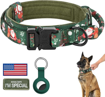 DAGANXI Christmas Tactical Dog Collar, Adjustable Military Training Nylon Dog Collar with Control Handle and Metal Buckle for Medium and Large Dogs, with Patches and Airtags Case (M, Christmas Green)