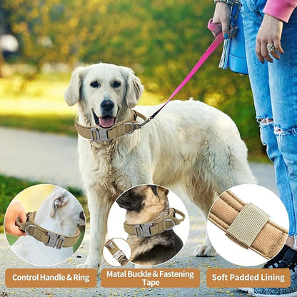 Tactical Dog Collar - Military Dog Collar, Adjustable Heavy Duty Metal Buckle Nylon Collar with Control Handle for Small Medium Large Dogs (Brown,XL)