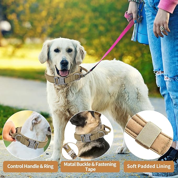 Tactical Dog Collar - Military Dog Collar, Adjustable Heavy Duty Metal Buckle Nylon with Control Handle for Small Medium Large Dogs (Brown, M)