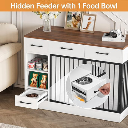 Dog Crate with Hidden Feeder Bowl & 3 Storage Drawers - 47.2" Wooden Dog Cage Indoor with Adjustable Shelf, 2 Doors Dog Kennel Furniture for Medium & Small Dogs, Multi-Functional Pet End Table