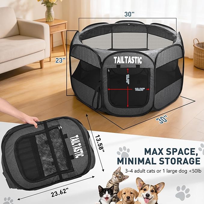 Portable Pet Playpen for Medium Dogs & Cats, Foldable Puppy Safety Pen with Removable Zipper Top, Breathable Mesh Dog Delivery Room, Indoor Isolation Cage for Pets (Dark Grey, Medium)