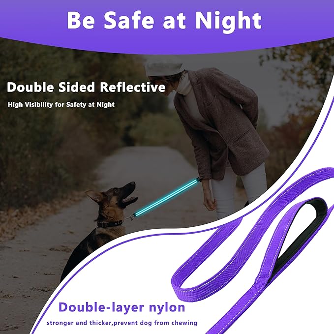 Dog Leash 6.5ft Long, Double Handle Dog Leash for Safety Control Training, Heavy Duty Dog Leads with Traffic Padded Handles, Reflective Leashes for Small Medium Large Dogs(6.5ft, Purple)