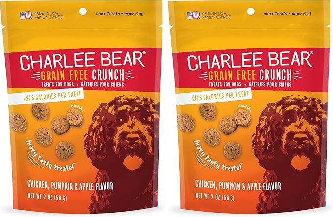 Charlee Bear Crunch Grain Free Dog Treats, Chicken, Pumpkin and Apple, 2 Ounce Resealable Bag, Low Calorie Training Treats for Dogs, Limited Ingredient, Healthy, Crunchy Dog Snacks, Made in USA