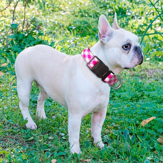 Ladoogo Reflective Dog Collar Padded with Soft Neoprene Breathable Adjustable Nylon Dog Collars for Small Medium Large Dogs (Large (Pack of 1), Pink Plaid Collar+Leash)