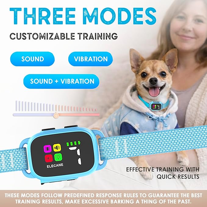 Tiny Bark Collar for Small Dogs 5-15 lbs and Puppies - No Shock Anti Barking Collar - Rechargeable Smart Collar for Dog Training with 7 Sensitivity Levels and 3 Beep&Vibration Modes (Pure Blue)