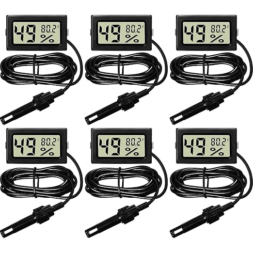 Weewooday Mini Digital Temperature Humidity Meters Gauge with Probe Gauge LCD Fahrenheit Display Thermometer Hygrometer for Incubator Reptile Plant Greenhouse Chicken Coop Garden(Black, 6 Pieces)