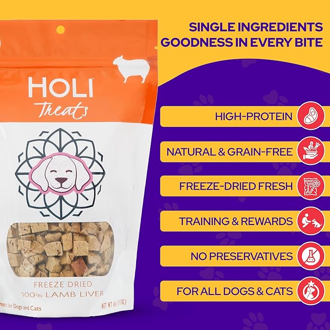 HOLI Freeze Dried Lamb Liver Dog Treats – Single Ingredient Freeze-Dried Dog Treats – Dried Lamb Liver Dog Treats Made in USA – Healthy Liver Treats for Dogs & Diabetic Dog Treat-Friendly - 8oz