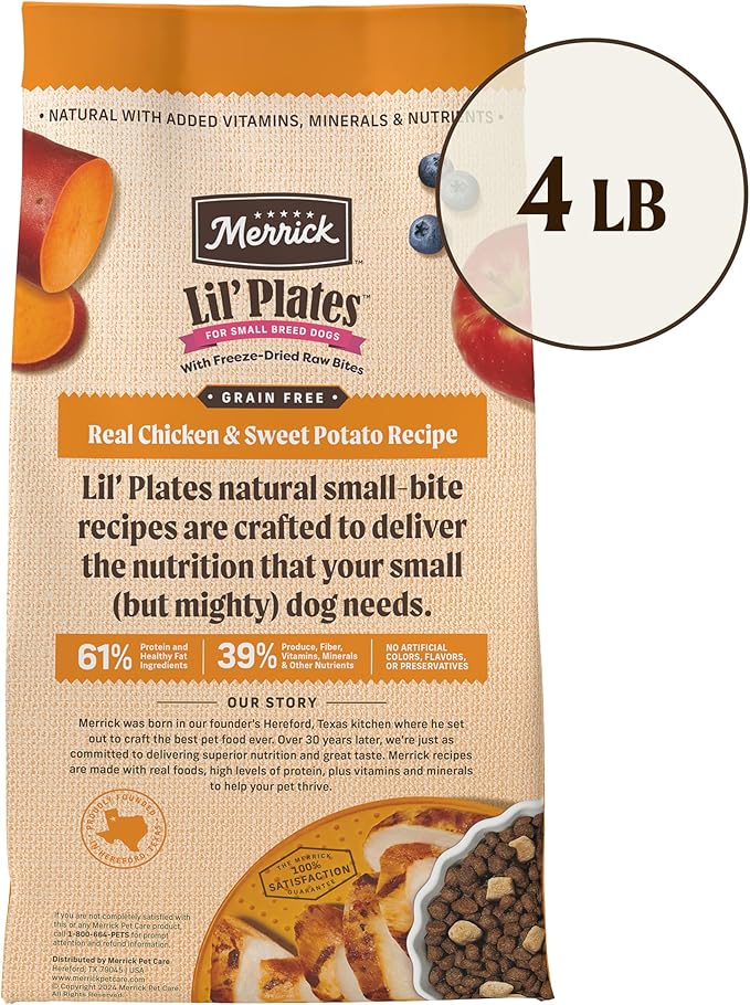 Merrick Lil’ Plates Grain Free Dry Dog Food For Small Dogs, Chicken And Sweet Potato Kibble With Raw Bites - 4.0 lb. Bag