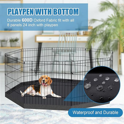 Foldable Metal Wire Dog Pen Pet Playpen Dog Fence Indoor Exercise Pen Enclosure Indoor Outdoor with Bottom Pad and Top Cover (Black 24 top Bottom Cover)