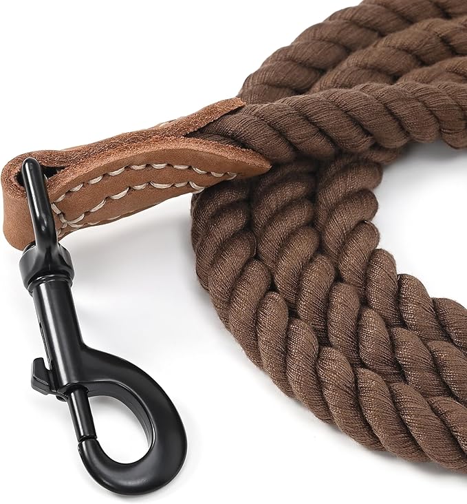 Mile High Life Dog Leash, Braided Cotton Rope Leashes with Leather Tip - Heavy Duty Metal Clasp, 6FT, 1/2" Thick - Wedding, Walking & Training Leash for Small Medium Large Dogs (Dark Brown)