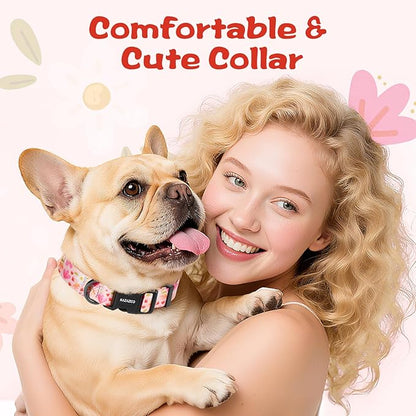 Kazazoo Dog Collar Cute and Soft Nylon Puppy Collar Girl, Adjustable Dog Collars for Small Medium Dogs, Pink Flowers-S