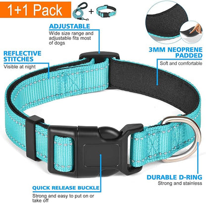 Ladoogo Reflective Dog Collar Padded with Soft Neoprene Breathable Adjustable Nylon Dog Collars for Small Medium Large Dogs (X-Small (Pack of 1), Blue Collar+Leash)