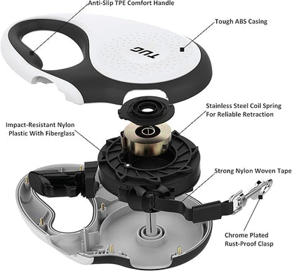 TUG Tiny 360° Tangle-Free Retractable Dog Leash with Anti-Slip Handle | 10 ft Nylon Tape| One-Handed Brake, Pause, Lock (White)