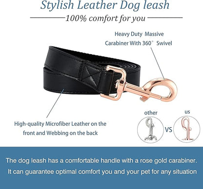 Dog Collar and Leash Set.Soft and Easy to Clean Vegan Leather with Rose Gold Metal Buckle for Small Medium Large Dogs (Black, L(15.4”-24.8“)