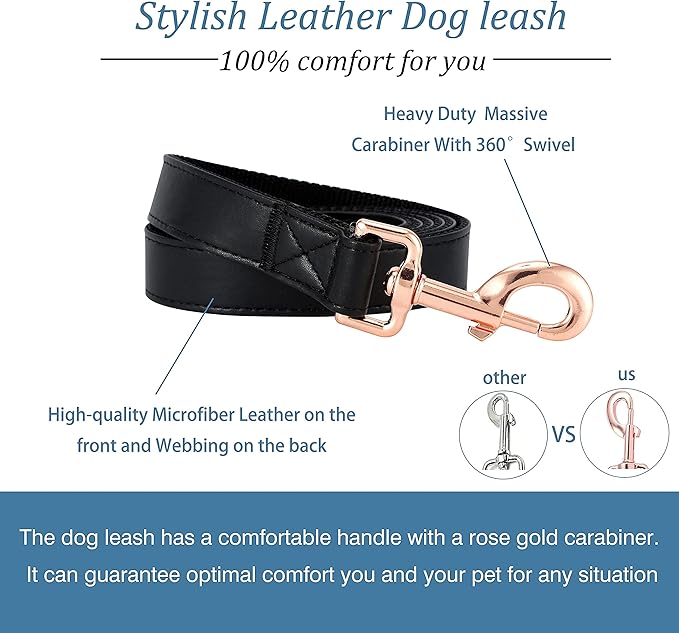 Dog Collar and Leash Set.Soft and Easy to Clean Vegan Leather with Rose Gold Metal Buckle for Small Medium Large Dogs (Black, M(13.8"-19.7"))