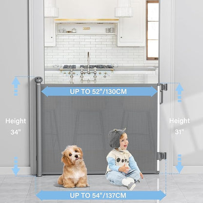 PRObebi Retractable Baby & Dog Gate - Extends to 54" Wide, 34" Tall - Stair, Doorway & Hallway Use