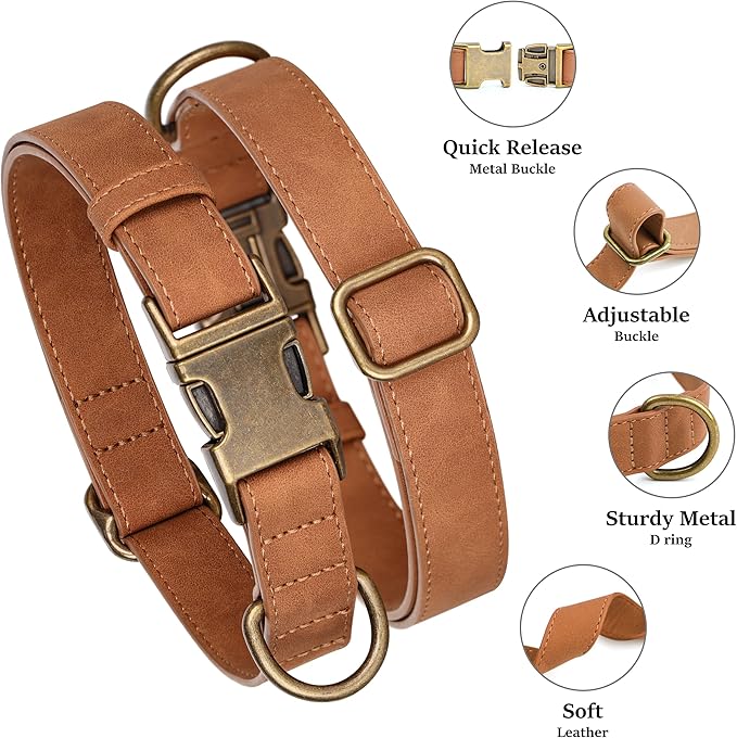 Didog Soft PU Leather Dog Collar, Stylish Quick Released Dog Collars for Small Dogs, Easy Clean Adjustable Pet Collar for Daily Walking, Light Brown, S Fit 10-15" Neck