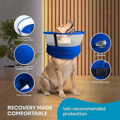 Dog Inflatable Neck Collar - Inflatable E Collar for Dogs - Comfortable Elizabethan Cone with Detachable Anti-Licking Shield - Dog Donut Cone - Doughnut for Dogs After Surgery (Blue, XL)