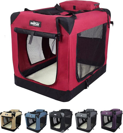 EliteField 3-Door Folding Soft Dog Crate with Carrying Bag and Fleece Bed (2 Year Warranty), Indoor & Outdoor Pet Home (30" L x 21" W x 24" H, Maroon)