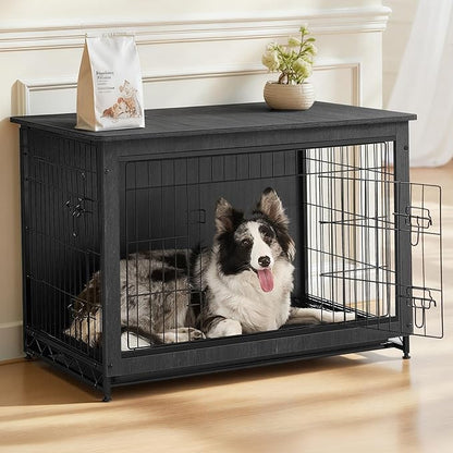 Feandrea 38.6" Dog Crate Furniture, Indoor Dog Cage Side End Table, XL Pet Wood Kennel for Large and Medium Dogs up to 70 lb with Multi-Purpose Removable Tray, Double-Door Pet House, Ink Black