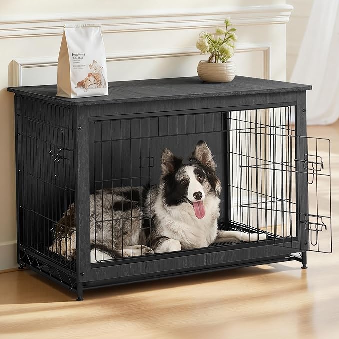Feandrea 56.1" Dog Crate Furniture, Indoor Dog Cage Side End Table, XXL Pet Wood Kennel for Large and Medium Dogs up to 105 lb with Multi-Purpose Removable Tray, Double-Door Pet House, Ink Black
