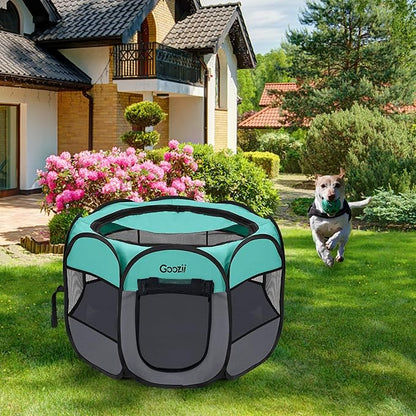 Goozii Pet Cat Playpen for Indoor Cats Enclosed, Puppy Dog Play Pen for Outdoor Travel Camping (Large Size, Green & Dark Grey)