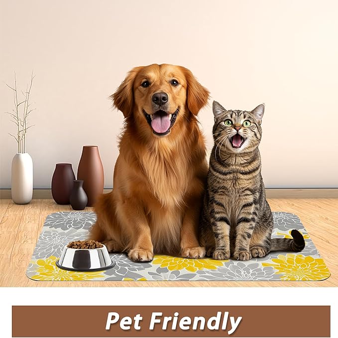 Dahlia Dog Cat Food Mat,Gray Yellow Flower Absorbent Pet Feeding Mat with Rubber Backing,Non-Slip Water Bowl Placemat,Indoor Pet Accessories Supplies 16"x24"