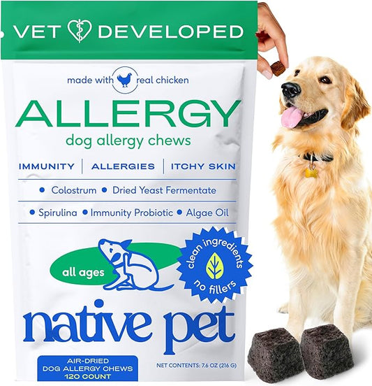 Native Pet Dog Allergy Chews - Dog Allergy Relief for XL Breeds - Supports Seasonal Itch Relief, Healthy Immune Function & Reduces Sneezing - Colostrum, Spirulina, & Probiotics - 30 Days Supply