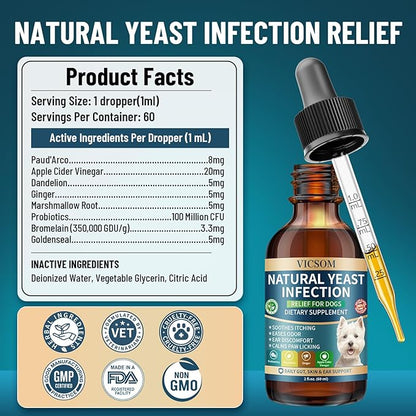VICSOM Natural Dog Yeast Infection Treatment for Dogs, 2 Pack Itchy Skin & Ear Treatment Natural Support Allergy Relief, Dog Yeast Infection Relief, Irritation, Itching & Inflammation, 60ml x2