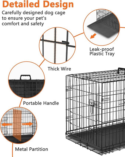 Piskyet 24 Inch Double Door Small Dog Crate with Divider Panel and Leak- Proof Pan Tray, Folding Metal Wire Pet Kennel for Indoor,Antigue Color