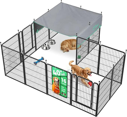 FXW Rollick Unleashed Dog Playpen for Indoor, Yard, RV Camping, 40 inch 16 Panels Dog Pen with Sun Shade for Medium and Large Dogs, Black│Patented