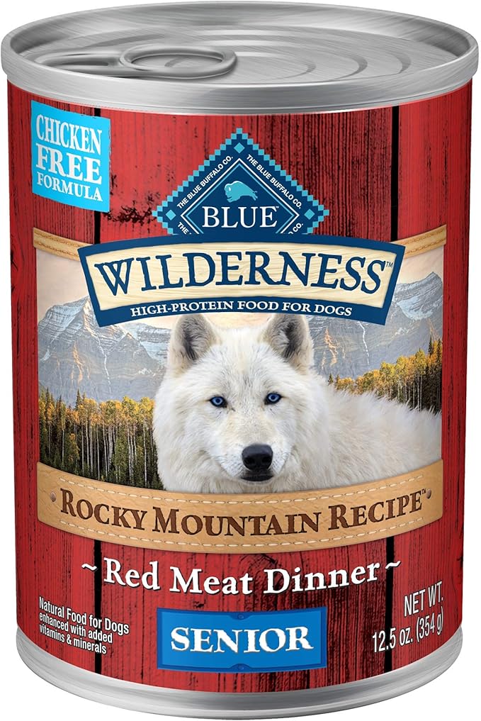 Blue Buffalo Wilderness Rocky Mountain Recipe Senior Wet Dog Food,High-Protein & Grain-Free,Made with Natural Ingredients,Red Meat Recipe,12.5-oz. Cans,(Pack of 24)
