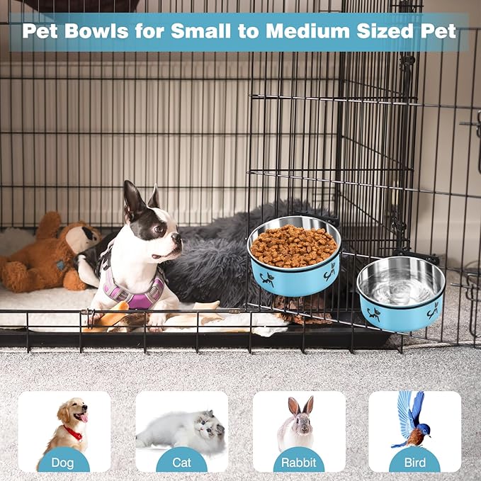 Dog Crate Bowls Hanging No Spill, 2 Pack Dog Crate Water Bowl, Kennel Food Bowls Mountable for Crates, Large Stainless Steel Pet Cage Accessories Feeder Coop Cup Dish for Puppy Bunny Guinea Pig Ferret