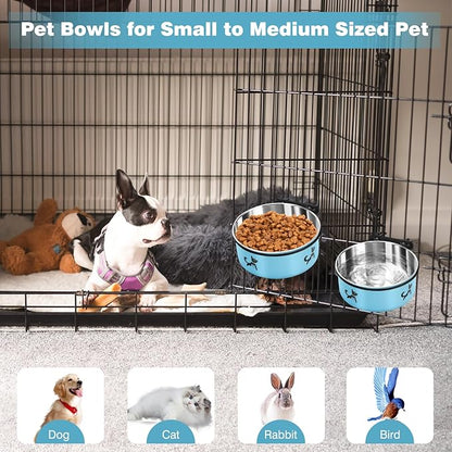Dog Crate Bowls Hanging No Spill, 2 Pack Dog Crate Water Bowl, Kennel Food Bowls Mountable for Crates, Large Stainless Steel Pet Cage Accessories Feeder Coop Cup Dish for Puppy Bunny Guinea Pig Ferret