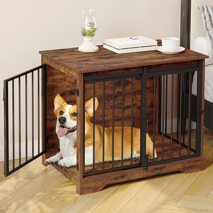 Hzuaneri 31.9" Dog Crate Furniture with Barn Door, Heavy Duty Dog Kennel Indoor with 2 Doors, Wooden Pet Cage End Table for Small Medium Dogs up to 44 lb, Anti-Chew Anti-Escape, Rustic Brown DFC83601B