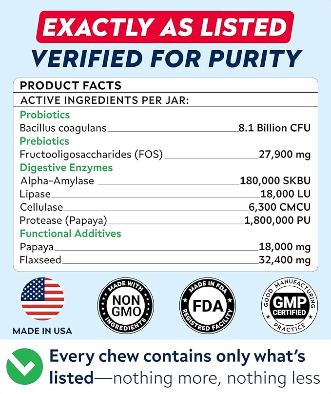 STRELLALAB Dog Probiotics Chews for Gut Support & Digestive Health with Enzymes - Anti Diarrhea and Upset Stomach Immune Supplement - Digestion Treats with Fiber and Prebiotics (180Ct, Chicken)